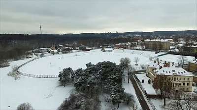 Aerial View Over The City Near River, Winter 1