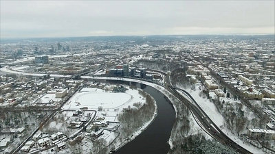 Aerial View Over The City Near River, Winter