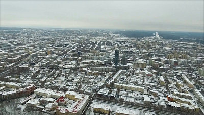 Aerial View Over The City Near River, Winter 6