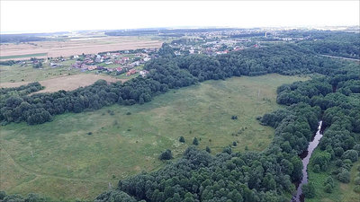 Flight Over Meadow Near Forest And River, Small Town In Distance